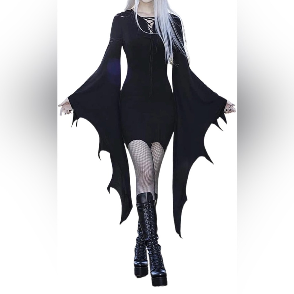 Sexy Gothic Lace Up Batwing Sleeve Irregular Hem Bodycon Dresse